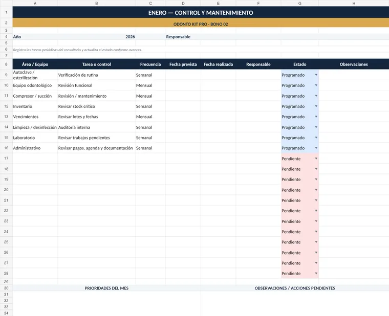 Calendario de control y mantenimiento del consultorio en Excel